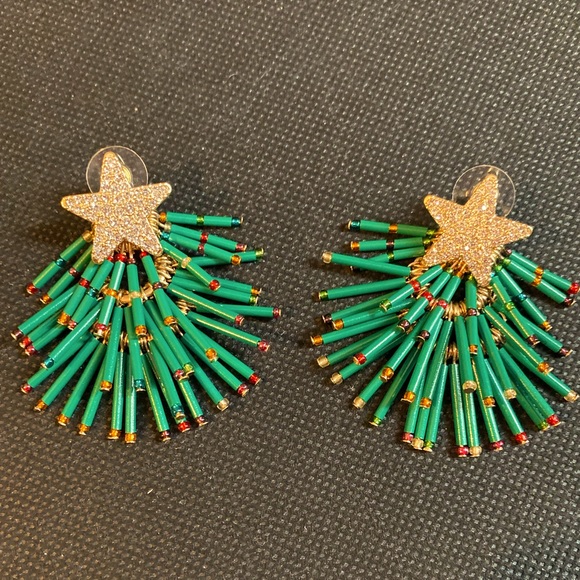 Forest Green Gold-Tone Pavé & Multicolor Bead Holiday Tree Drop Earrings - Picture 3 of 6